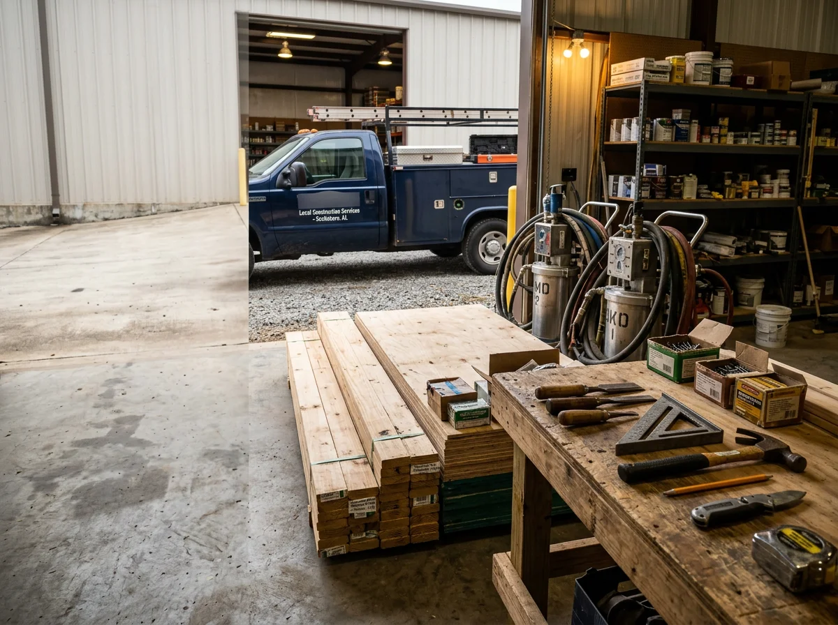 Construction site or workshop showing tools and materials used for home building, remodeling, and specialty insulation work.