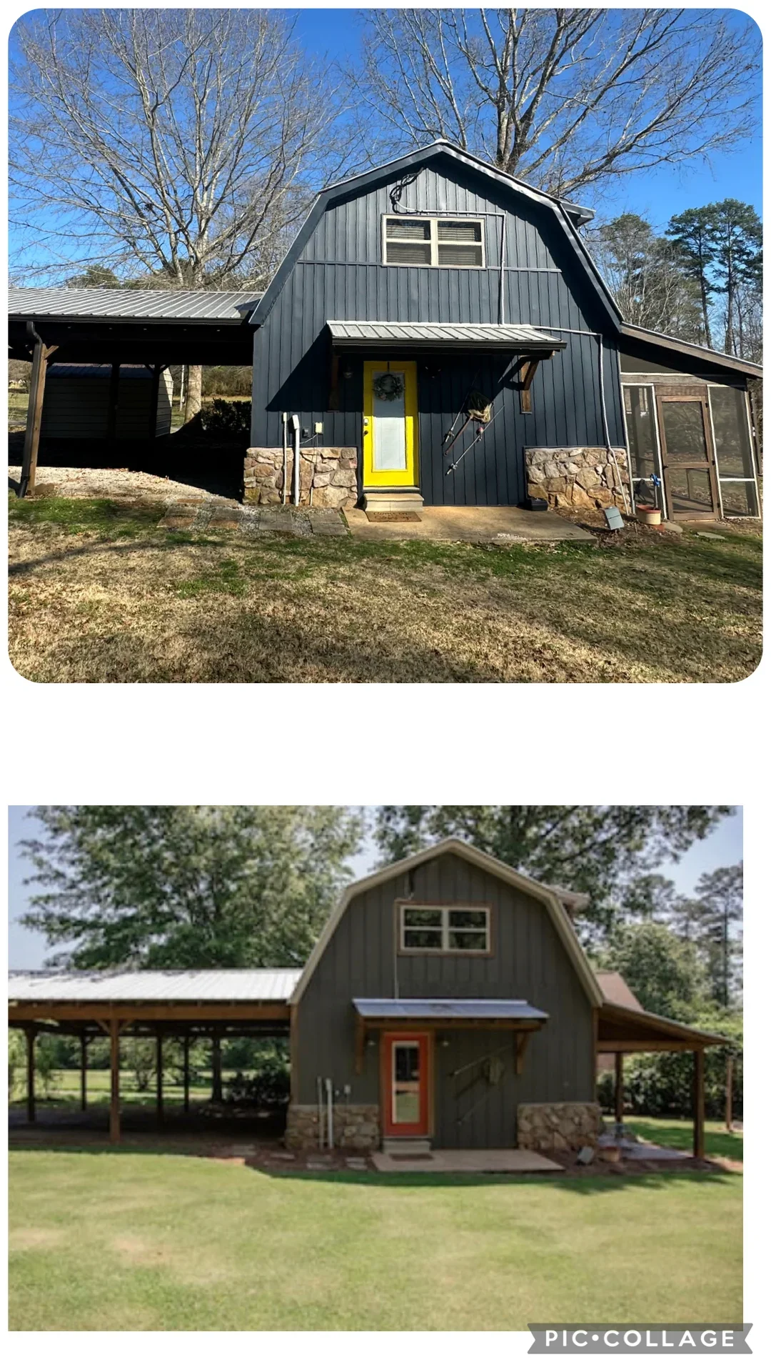 Barn-style home with metal siding, stone base, covered carport, and metal roof