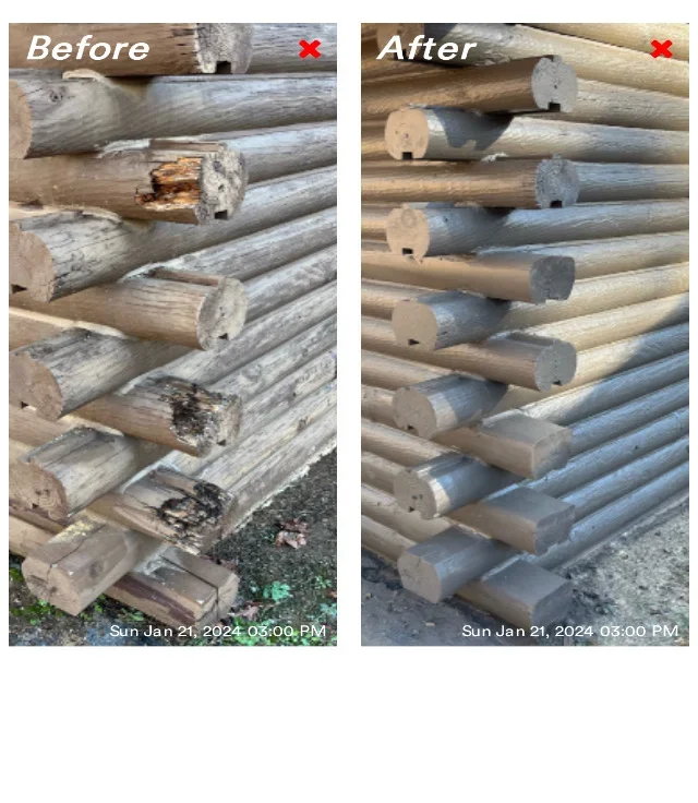 Before and after log home restoration showing replacement of rotted logs with new sealed timber