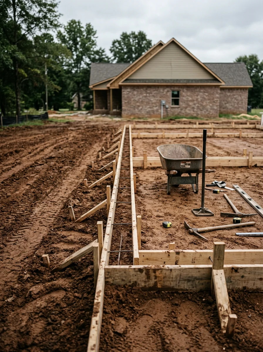 Concrete flatwork being poured on a residential property in Albertville, Alabama, showing subgrade preparation on clay soil before the slab is set.