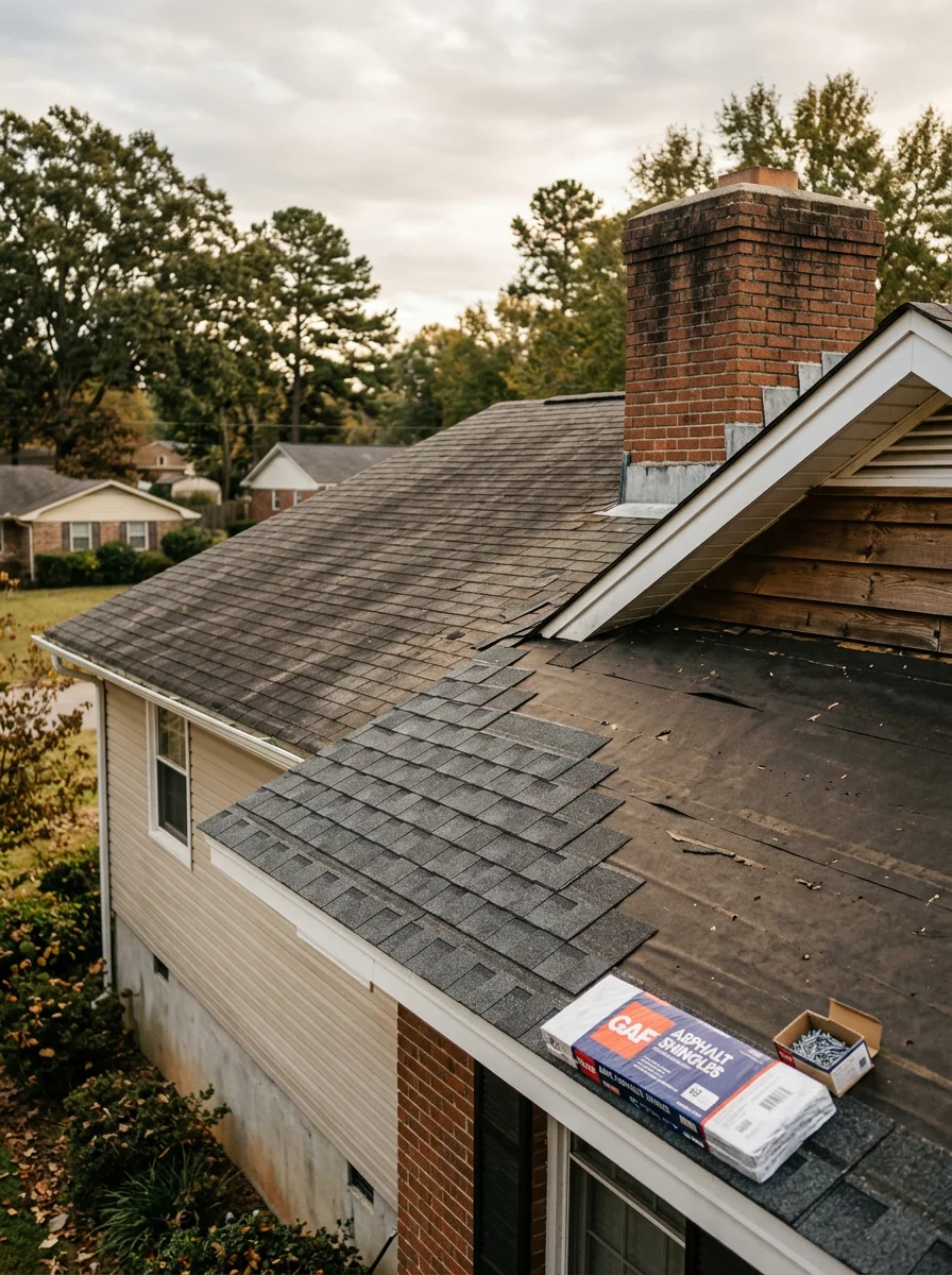 New roofing installation on a 1980s single-family home in Arab, Alabama, showing shingle replacement on a wind-exposed roof plane.