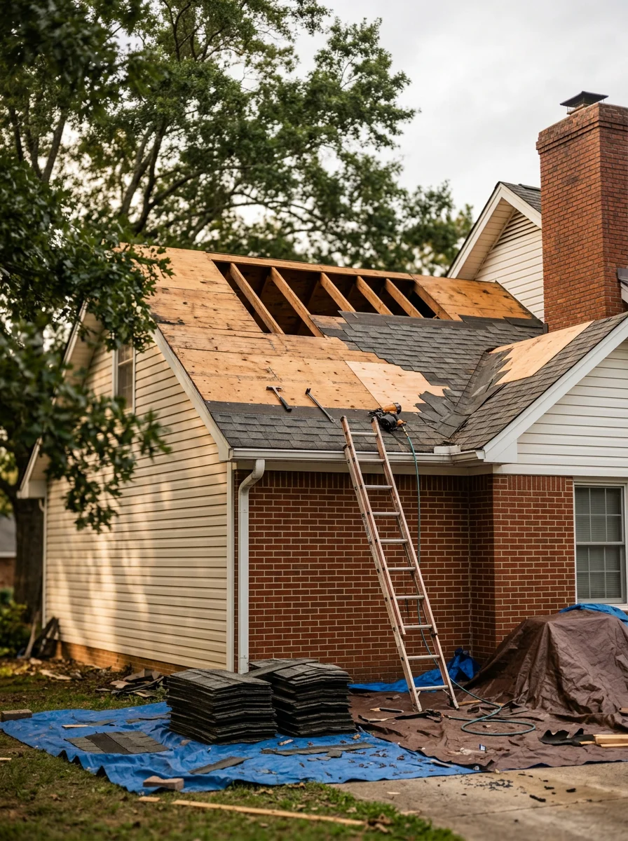 Roofing replacement in progress on an established single-family home in Boaz, Alabama, with shingle removal exposing the roof deck on a plateau-elevation property.