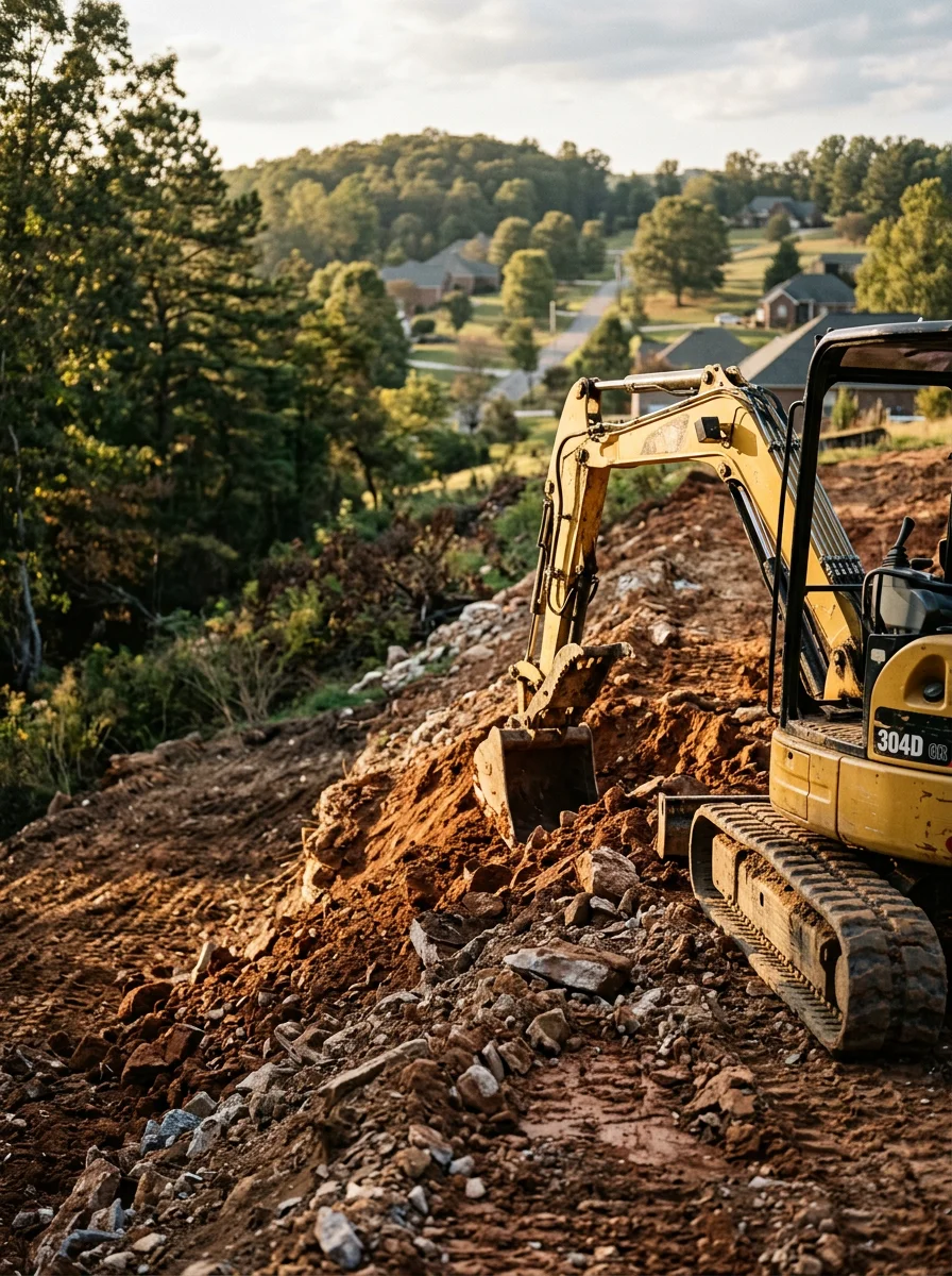 Excavation work on a sloped residential lot in DeKalb County near Fort Payne, Alabama, showing grading equipment cutting into rocky terrain.