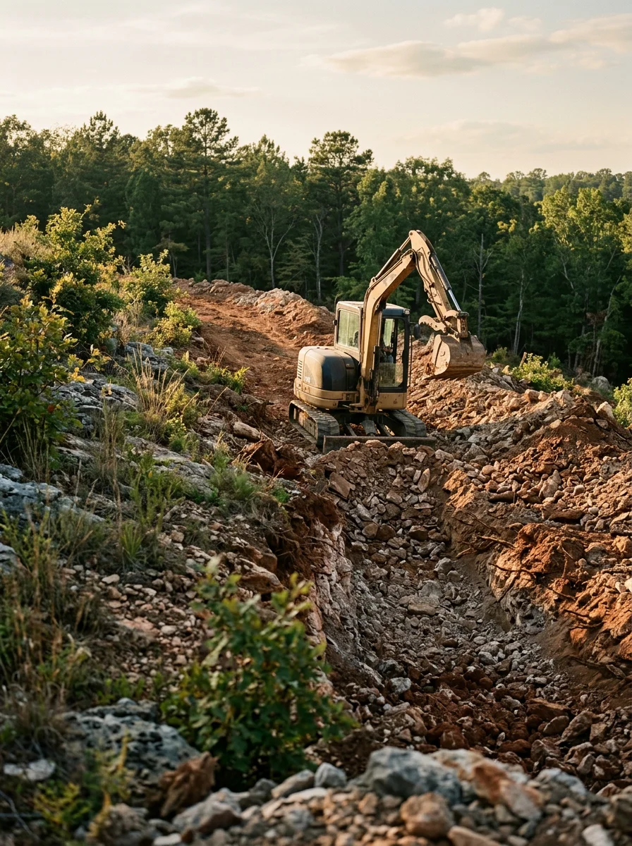 Excavation equipment working on a sloped rural lot in Grant, Alabama, clearing rocky terrain on Gunter Mountain in preparation for a custom home foundation.