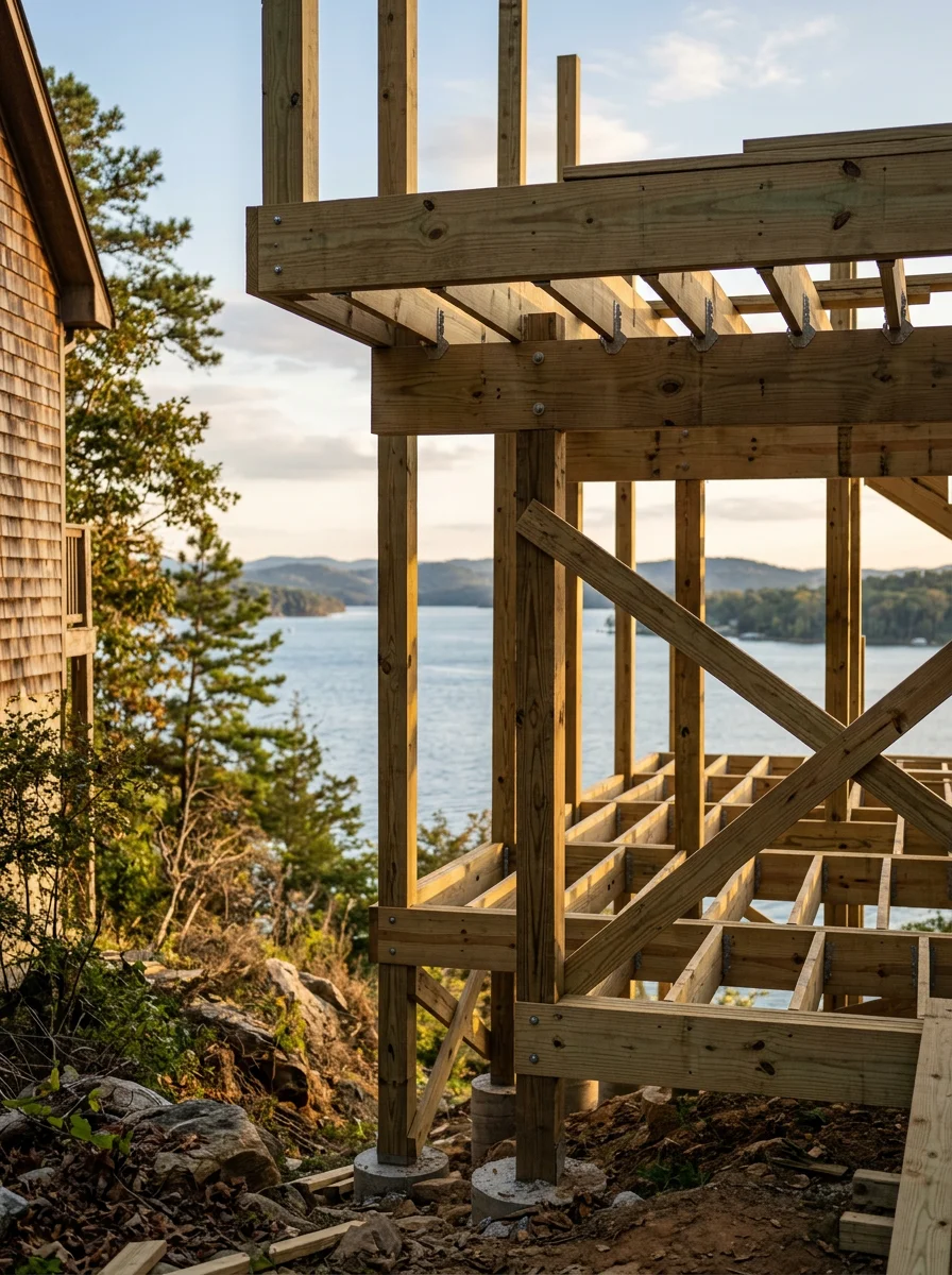 New deck framing on a waterfront home in Guntersville, Alabama, showing post-and-beam structure on a sloped lot above the lake shoreline.