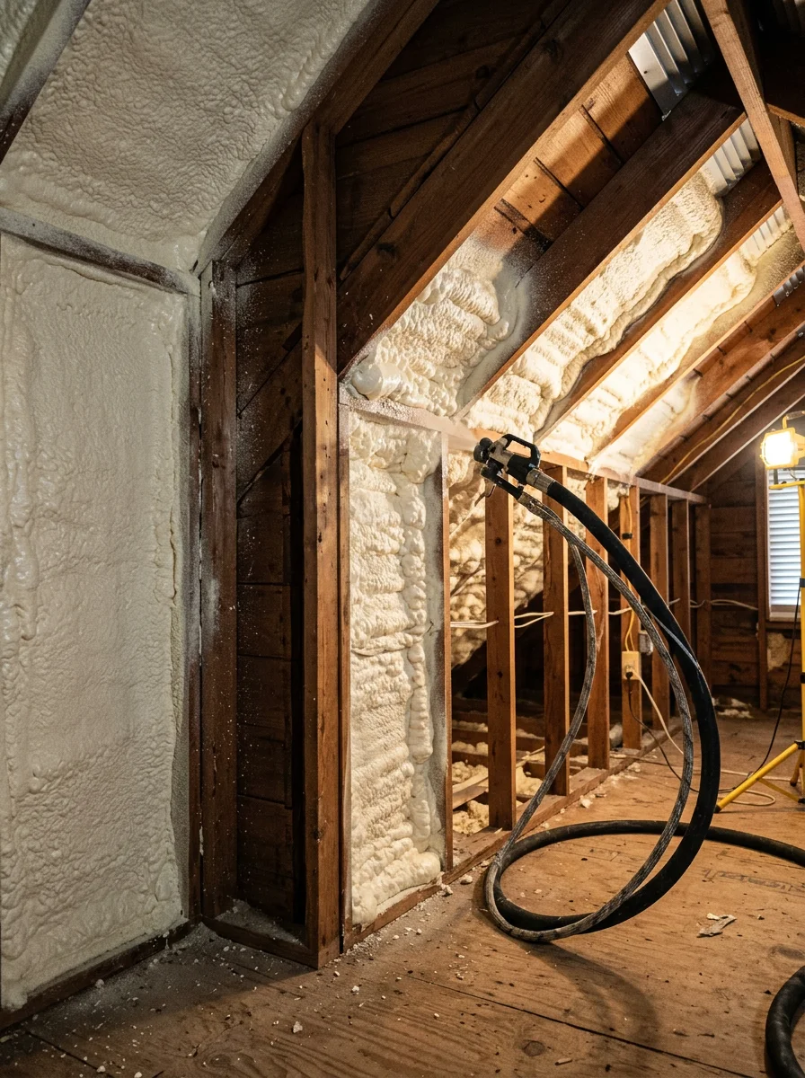 Spray foam insulation being applied to the attic of a mid-century ranch home in South Huntsville, Alabama, showing open rafter bays being sealed.