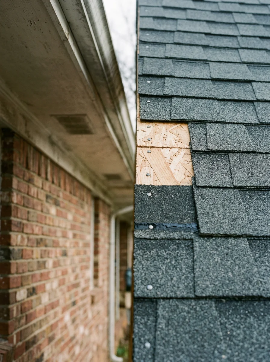 Close-up of new roofing installation on a mid-century brick ranch home in Scottsboro, AL, showing fresh shingles and replaced decking.