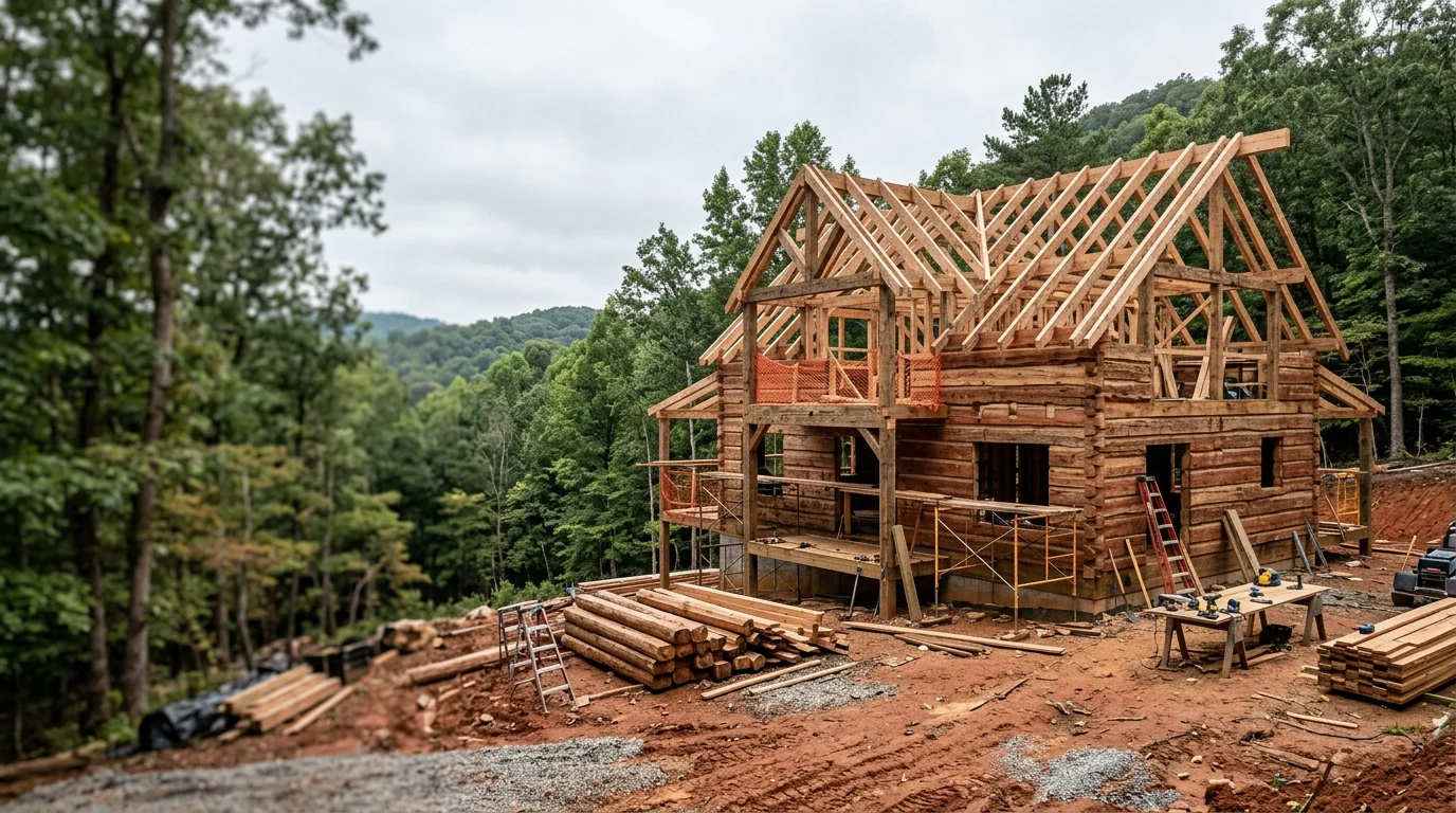 Custom log home under construction on a wooded lot in Scottsboro, Alabama, with Appalachian foothills visible in the background.