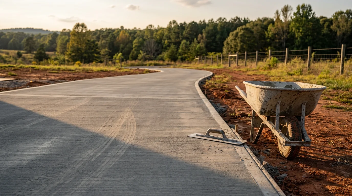 A freshly poured concrete driveway in front of a residential home in Scottsboro, Alabama, with a smooth broom-finished surface and clean formed edges. The driveway slopes gently away from the garage, showing proper drainage grading on a North Alabama residential lot.