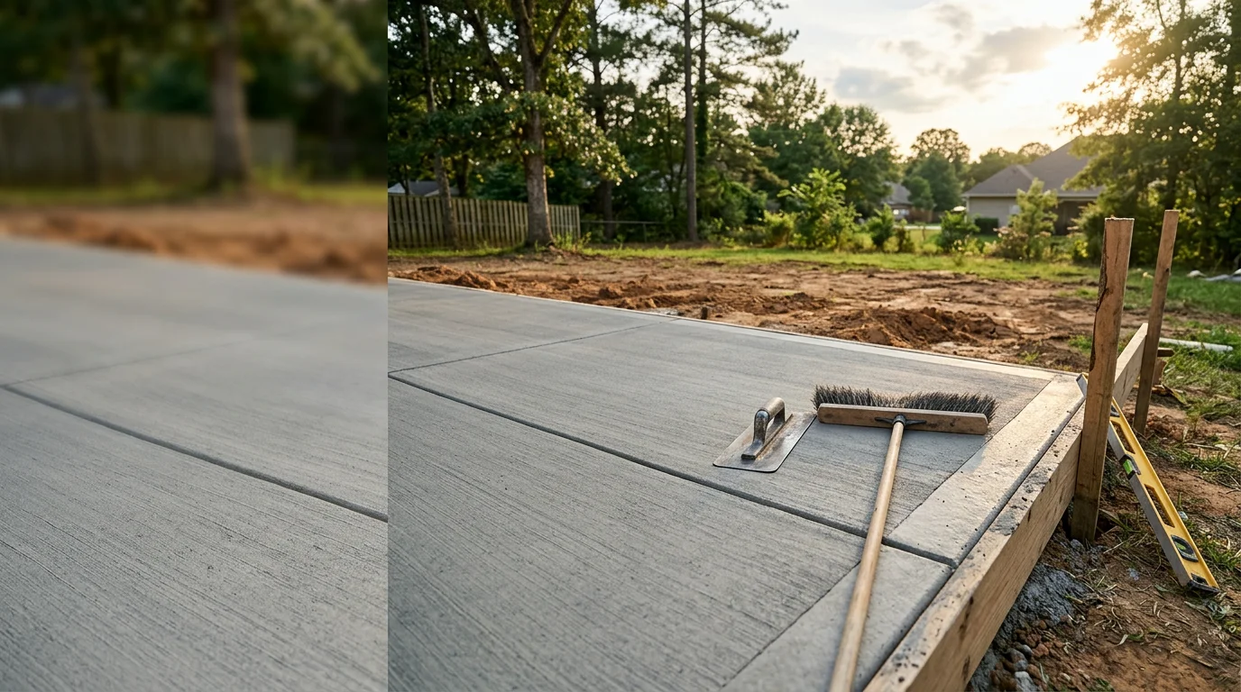 A freshly poured and finished concrete patio behind a residential home in Scottsboro, Alabama, with a smooth broom-finish surface and clean edges set against a green backyard.
