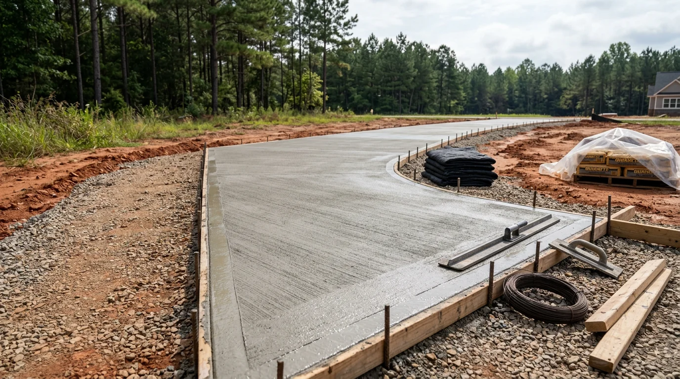 A freshly poured concrete driveway and front walkway at a residential property in Scottsboro, Alabama, with smooth finished edges and a clean surface ready for use. The surrounding yard shows graded soil typical of a new home construction project in the area.
