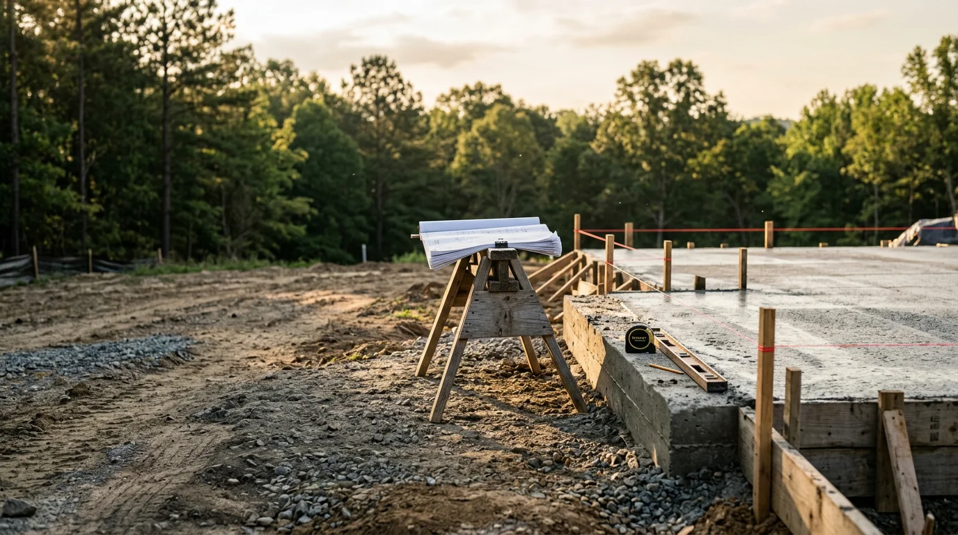 A newly completed custom home in Scottsboro, Alabama, with a covered front porch and wooded lot. The site-built residence reflects the varied terrain common to northeast Alabama custom home construction.
