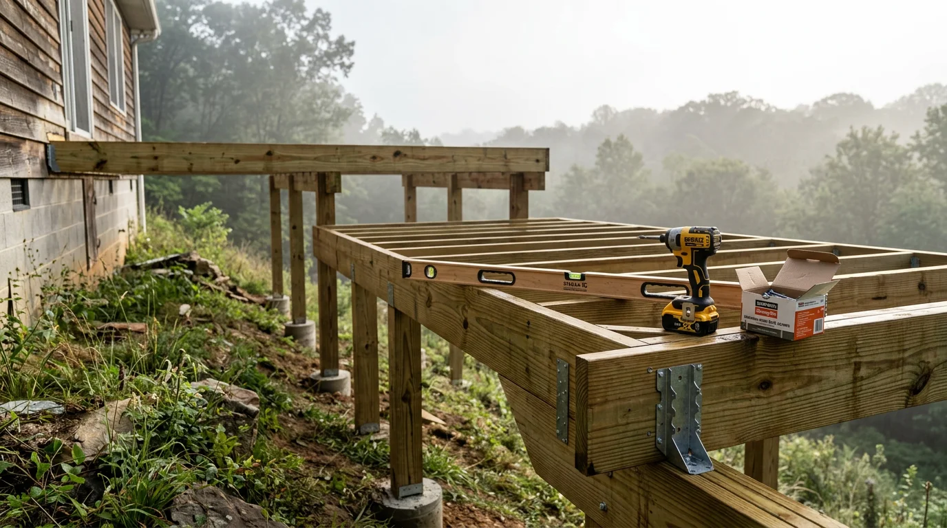 A newly built wood-framed deck attached to the rear of a residential home in Scottsboro, Alabama, with board decking, perimeter railings, and a grassy backyard visible below. The structure shows clean framing lines and a level surface suited to the sloped terrain common in Northeast Alabama.
