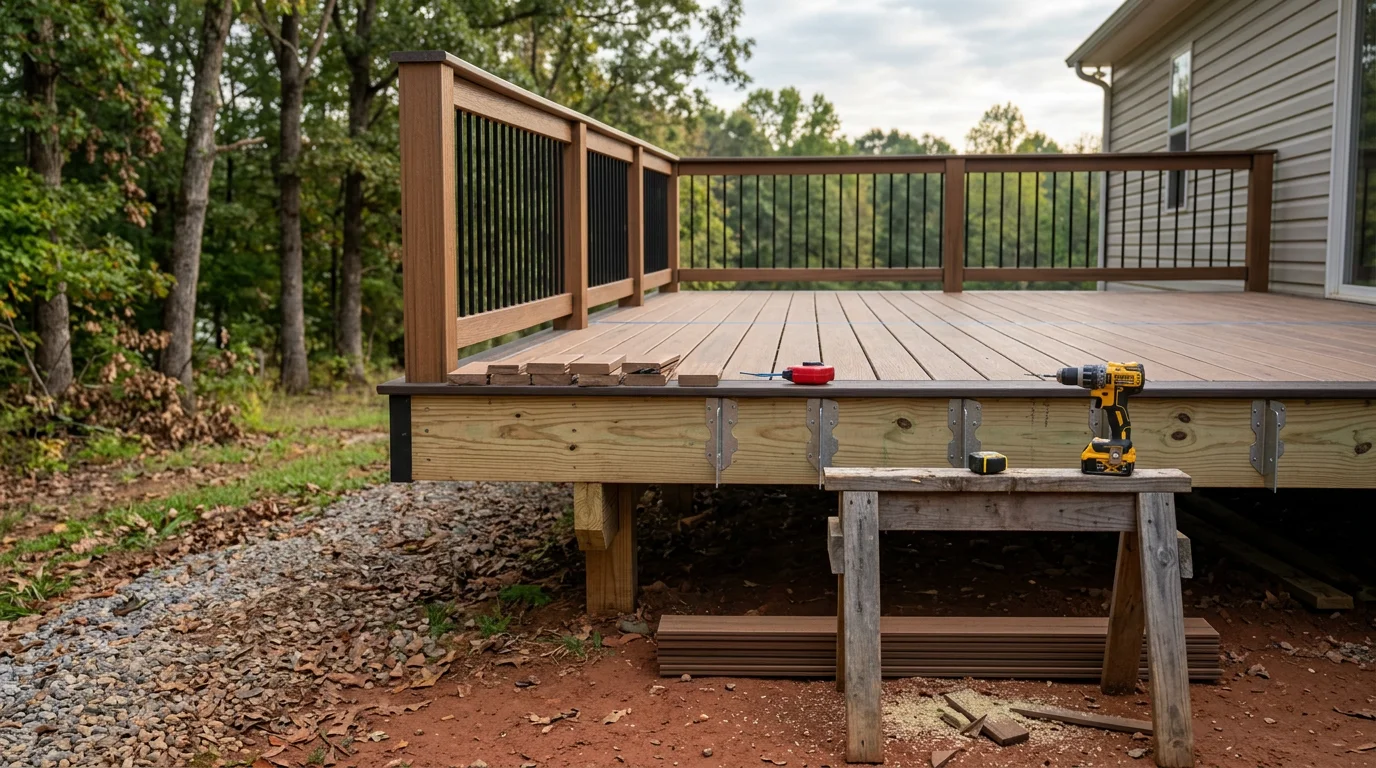 A newly constructed wood deck attached to a residential home in Scottsboro, Alabama, with open yard space visible beyond the railing. The deck framing and decking boards are freshly installed under a clear North Alabama sky.