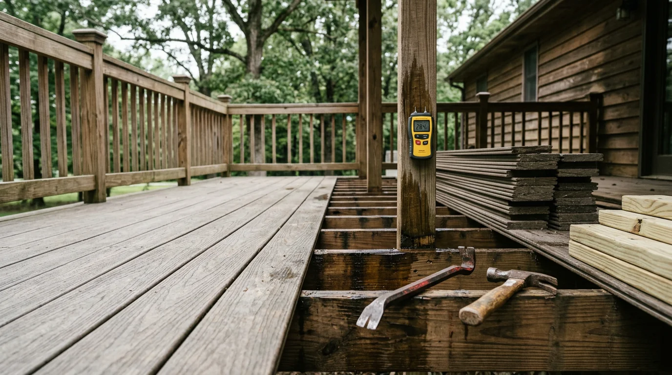 A repaired residential wood deck on a Scottsboro, Alabama home, showing replaced boards and secured railings alongside the existing structure. The surrounding yard reflects the tree cover and humid landscape typical of North Alabama properties.