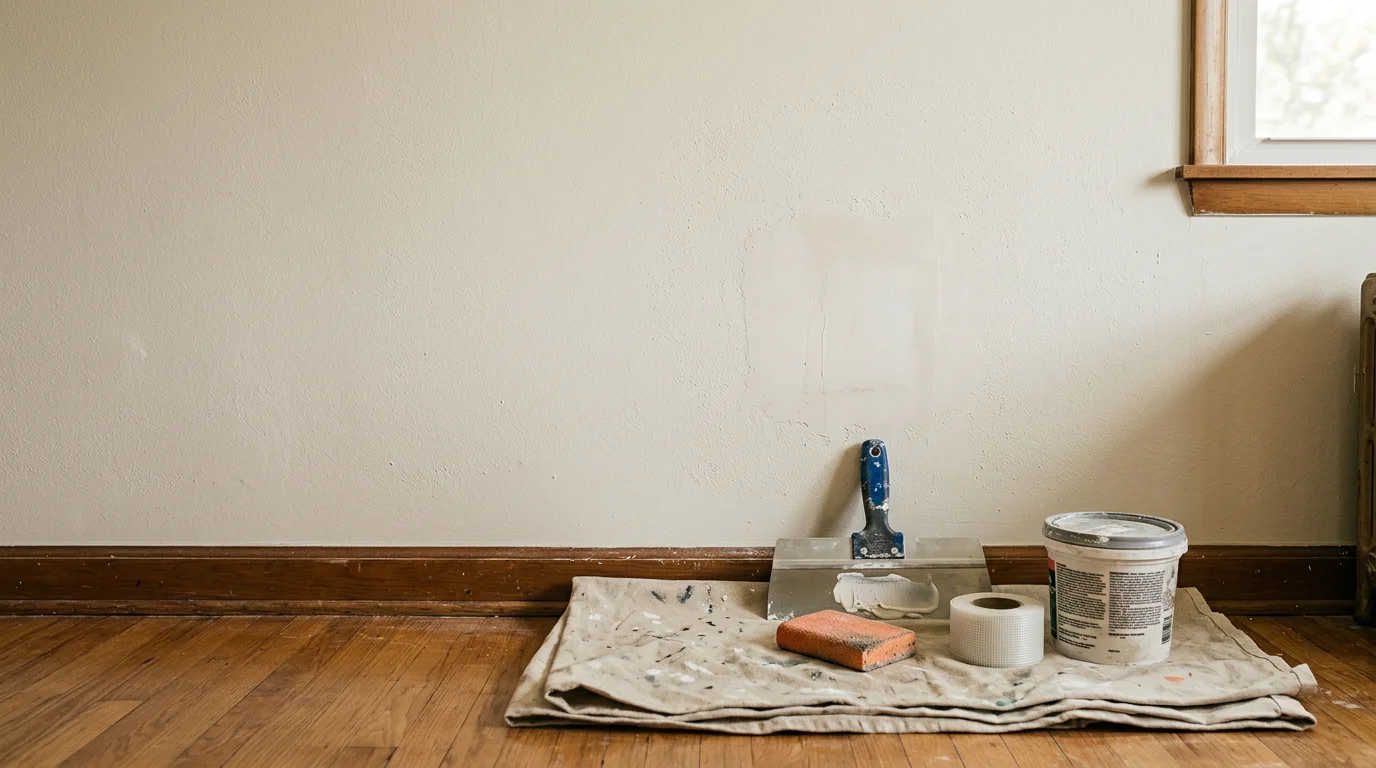 A smooth, freshly repaired drywall wall inside a Scottsboro, Alabama home, showing a patched and sanded surface ready for paint. The repair blends evenly with the surrounding wall with no visible seams or damage.