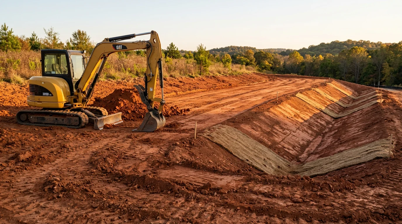 An excavator grading a sloped residential lot in Scottsboro, Alabama, with exposed red clay soil and a cleared building pad ready for construction. North Alabama tree lines are visible in the background.