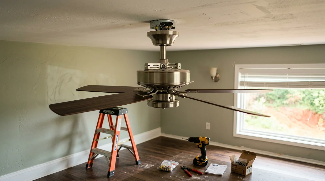 A ceiling fan mounted flush to a residential ceiling in a Scottsboro, Alabama home, with visible blade span and a centered canopy secured to a fan-rated ceiling box. The room shows natural light and a standard residential ceiling height typical of North Alabama construction.