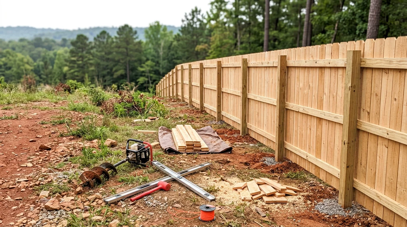 A newly built wood privacy fence along the backyard of a residential property in Scottsboro, Alabama, with a level fence line set on a grassy lot. The fence posts are evenly spaced and the boards run flush from post to post with no visible gaps.