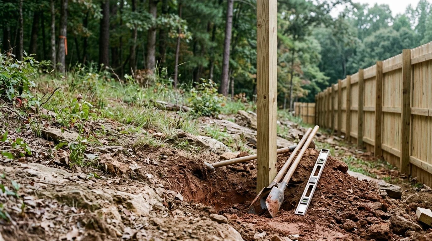 A newly installed wooden privacy fence running along the backyard of a residential property in Scottsboro, Alabama, with posts set on gently sloping ground and a gate visible at the corner.