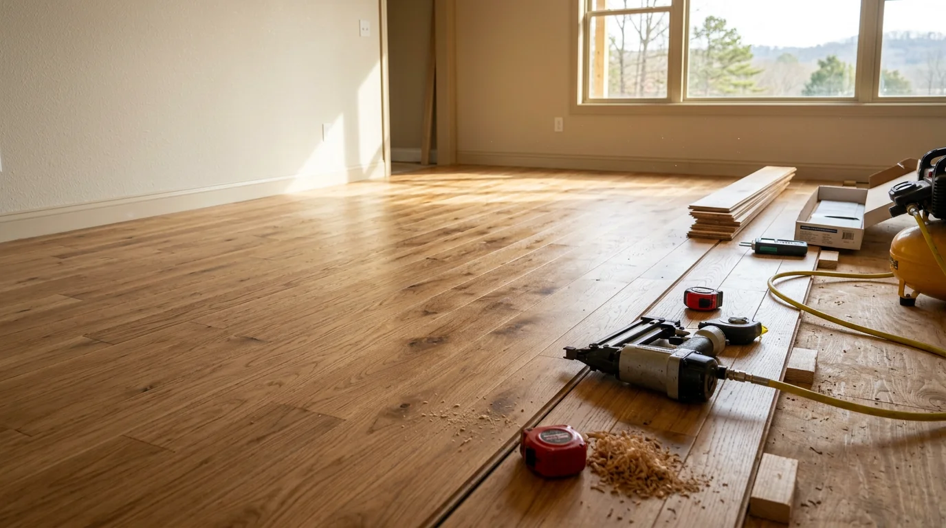 Freshly installed flooring in a Scottsboro, Alabama home with natural light coming through the windows. The finished floor runs through an open living area typical of North Alabama ranch-style and traditional home layouts.