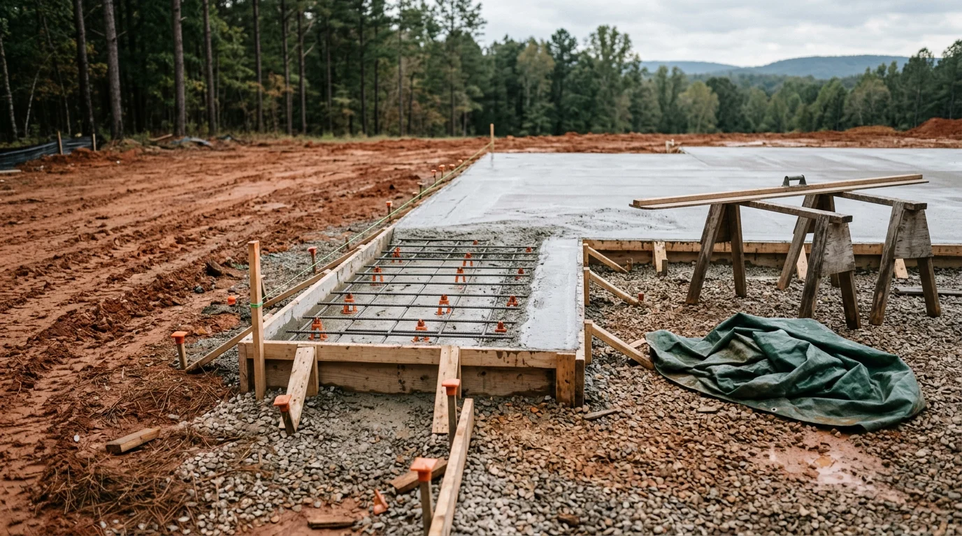 Fresh concrete foundation slab poured for a new residential home build in Scottsboro, Alabama, with graded soil and form boards visible around the perimeter.