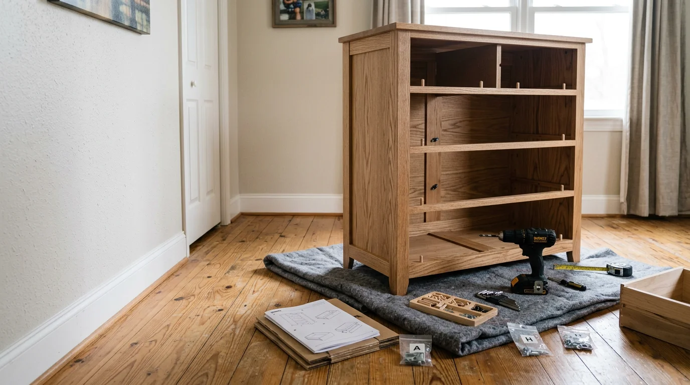 A fully assembled wooden dresser standing level and square in a Scottsboro home bedroom. A construction professional checks the drawer alignment and hardware connections after completing the assembly.