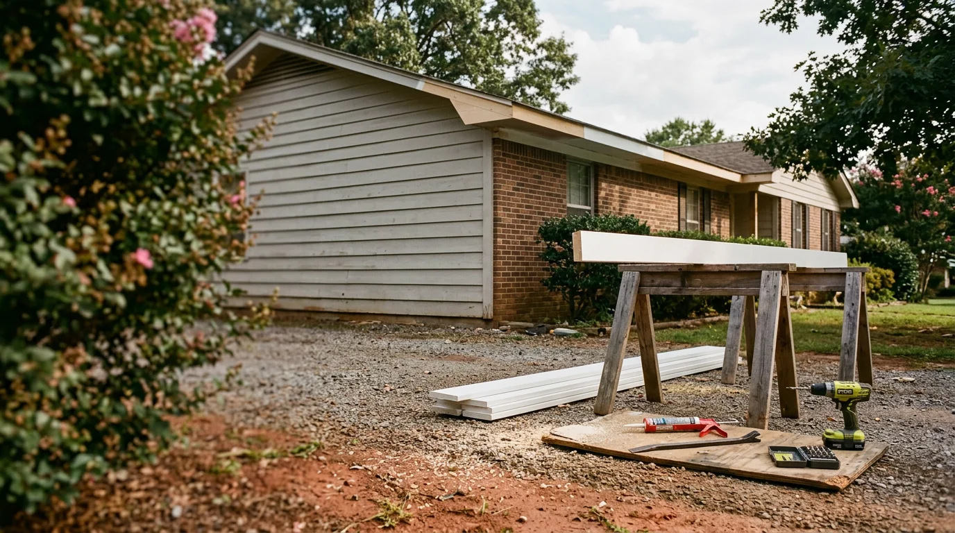 A contractor repairing deteriorated exterior wood trim on a residential home in Scottsboro, Alabama. The work shows fresh repair material applied to a previously worn surface, with the home's siding and yard visible in the background.