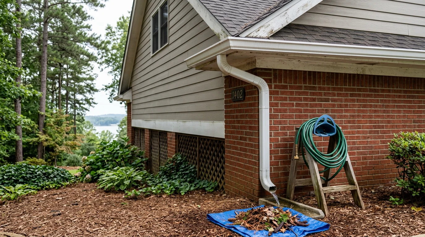 A cleaned residential gutter along a single-family home in Scottsboro, Alabama, with cleared downspouts and no visible debris after a professional gutter cleaning service. The fascia boards and roof edge are visible in the background against a North Alabama tree line.
