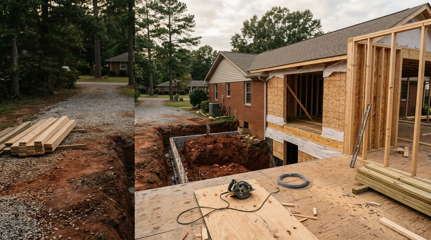 A newly completed single-story home addition in Scottsboro, Alabama, showing a framed room extension tied into the existing roofline of a residential home. The exterior finish matches the original structure against a backdrop of Northeast Alabama tree cover.
