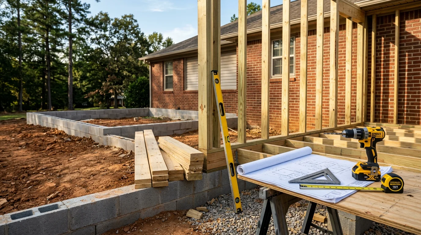 A newly completed home addition in Scottsboro, Alabama, showing a framed room extension attached to an existing single-family home with matching exterior siding and roofline. The addition blends with the original structure on a residential lot typical of northeast Alabama.