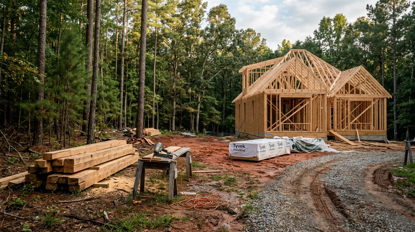 A newly built custom home in Scottsboro, Alabama, featuring a covered front porch and wooded lot typical of the North Alabama region. The home reflects a conventional residential build suited to the area's climate and terrain.