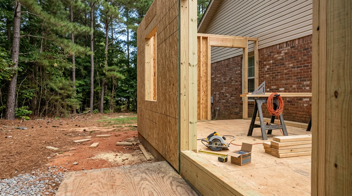A completed single-story home extension in Scottsboro, Alabama, showing a new room addition with a matched roofline and exterior finish connected to an existing residential structure. The addition blends with the original home's siding and trim against a clear North Alabama sky.