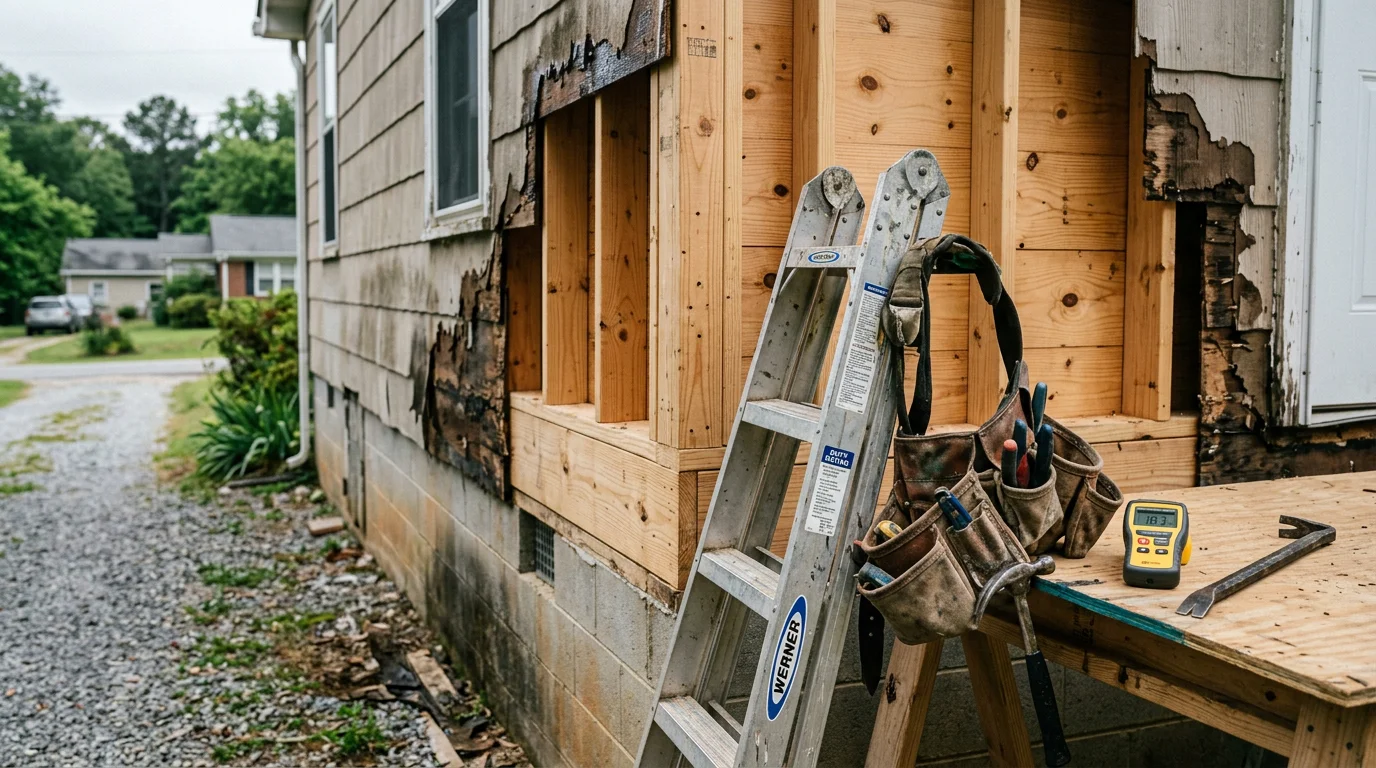 A repaired exterior wall on a residential home in Scottsboro, Alabama, showing fresh wood trim and sealed siding along the roofline. The surrounding North Alabama landscape is visible in the background.