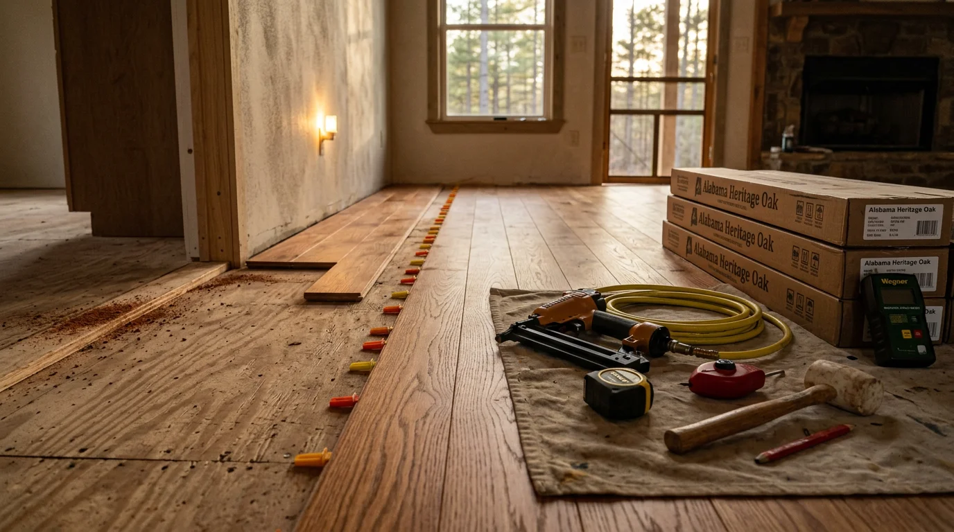 Freshly installed flooring in a North Alabama home near Scottsboro, showing a clean finished surface across an open living area. A contractor from Argo Construction works near the baseboard edge during final fitting.