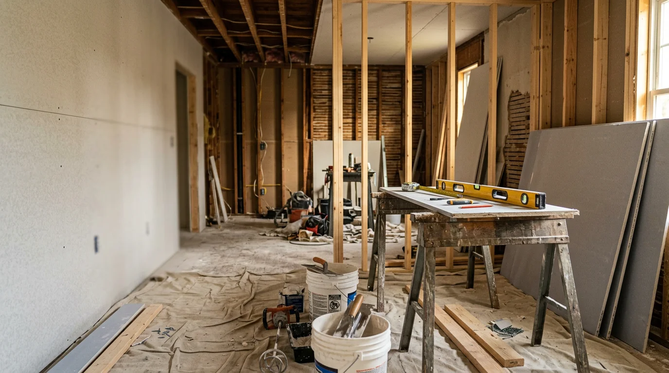 A freshly remodeled interior living space in a Scottsboro, Alabama home, showing updated walls, trim, and flooring. The room reflects a clean, functional layout typical of North Alabama residential remodeling work.