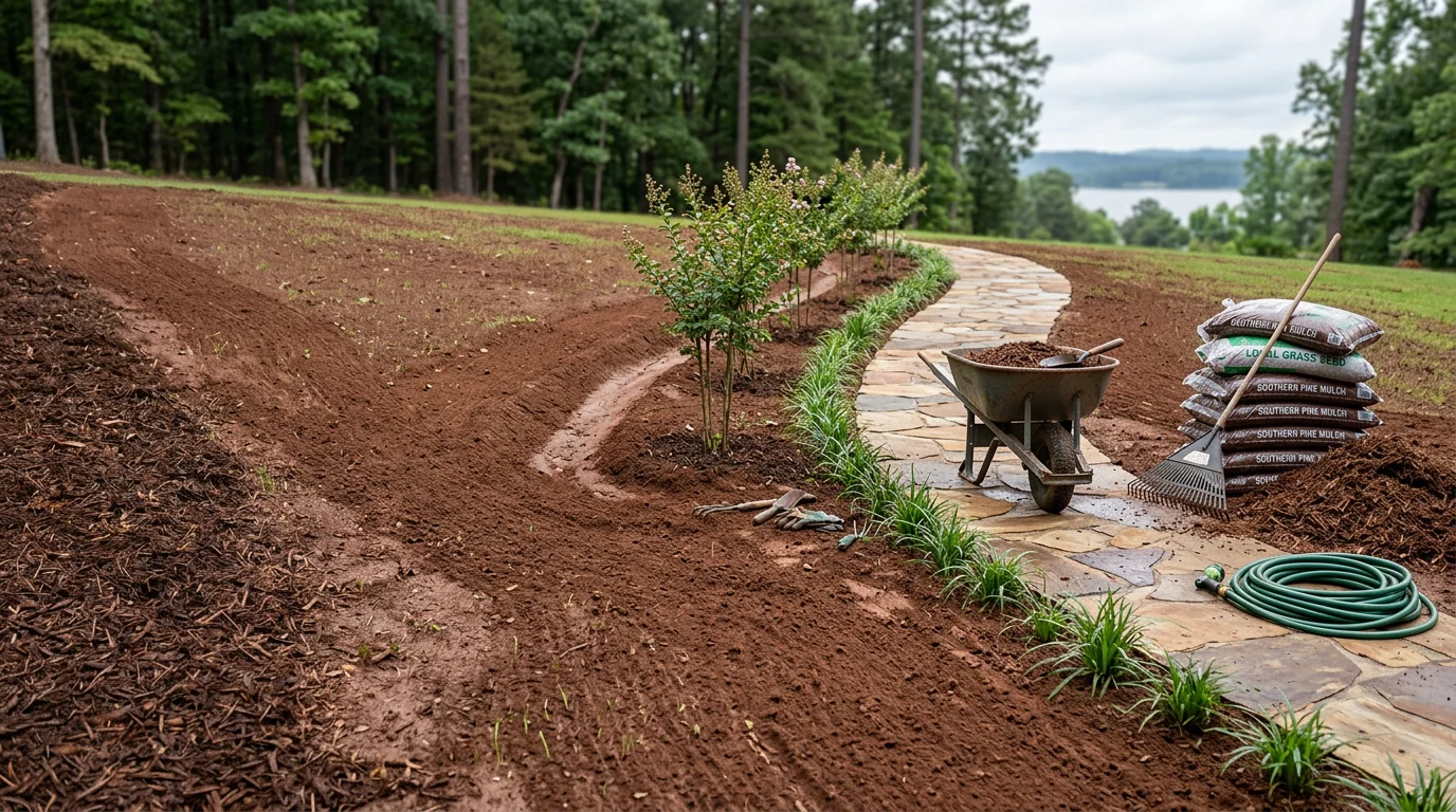 Residential landscaping work on a North Alabama property near Scottsboro, showing graded yard with planted beds and established turf suited to Zone 7b conditions. The home sits on a sloped lot typical of the Jackson County area.