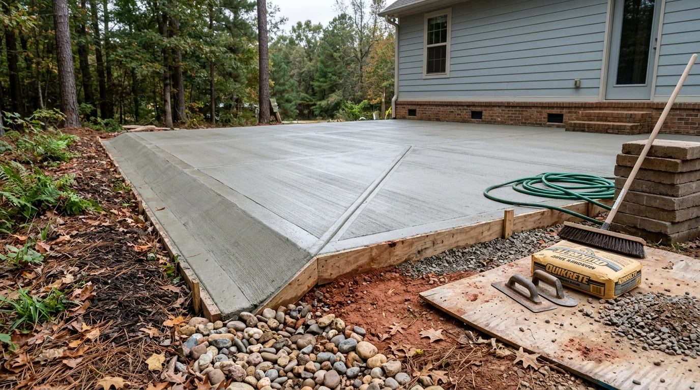 A finished backyard patio built by Argo Construction in Scottsboro, Alabama, showing a level concrete surface with defined edges set against a residential yard. The patio extends from the back of a single-family home with open space for outdoor seating and grilling.