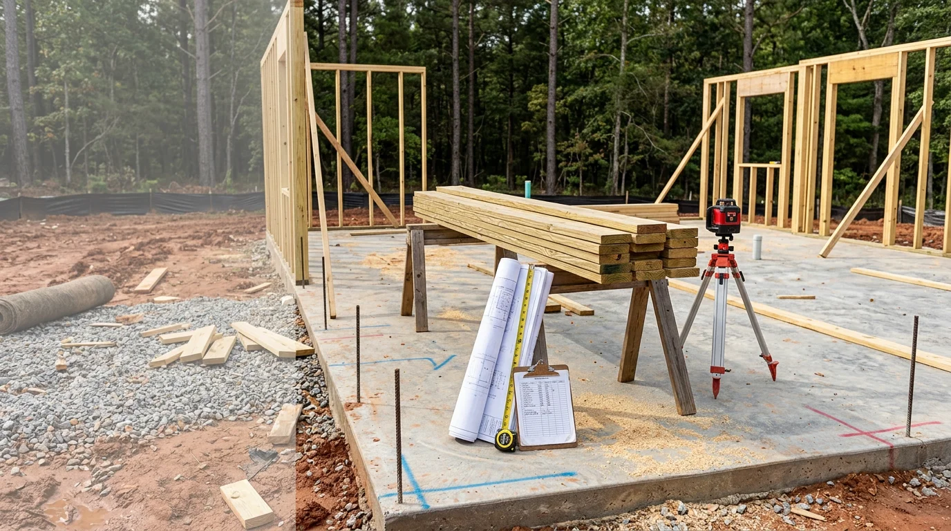 A home under construction in Scottsboro, Alabama, showing framed walls and an active build site. An Argo Construction project manager reviews plans on site during the framing phase.