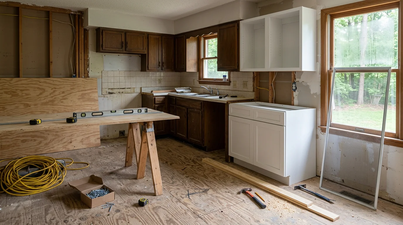 A remodeled kitchen interior in a Scottsboro, Alabama home, showing updated cabinetry, fresh flooring, and an open layout replacing an older, compartmentalized design. The finished space reflects a practical renovation typical of North Alabama residential remodeling work.