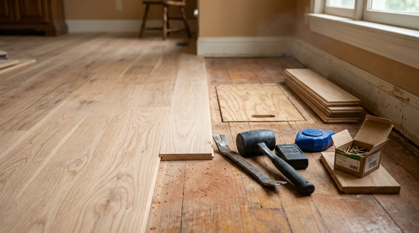 A repaired residential floor in a Scottsboro, Alabama home showing a smooth, level surface with no visible damage or warping. The repair blends into the surrounding flooring in a well-lit interior room.