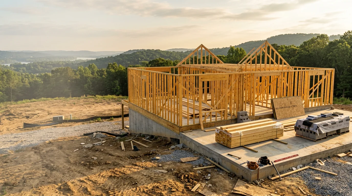 A newly constructed residential home on a wooded lot in the Scottsboro, Alabama area, showing completed exterior framing and siding against a backdrop of North Alabama tree line. The structure reflects site-built residential construction suited to the region's terrain and climate.