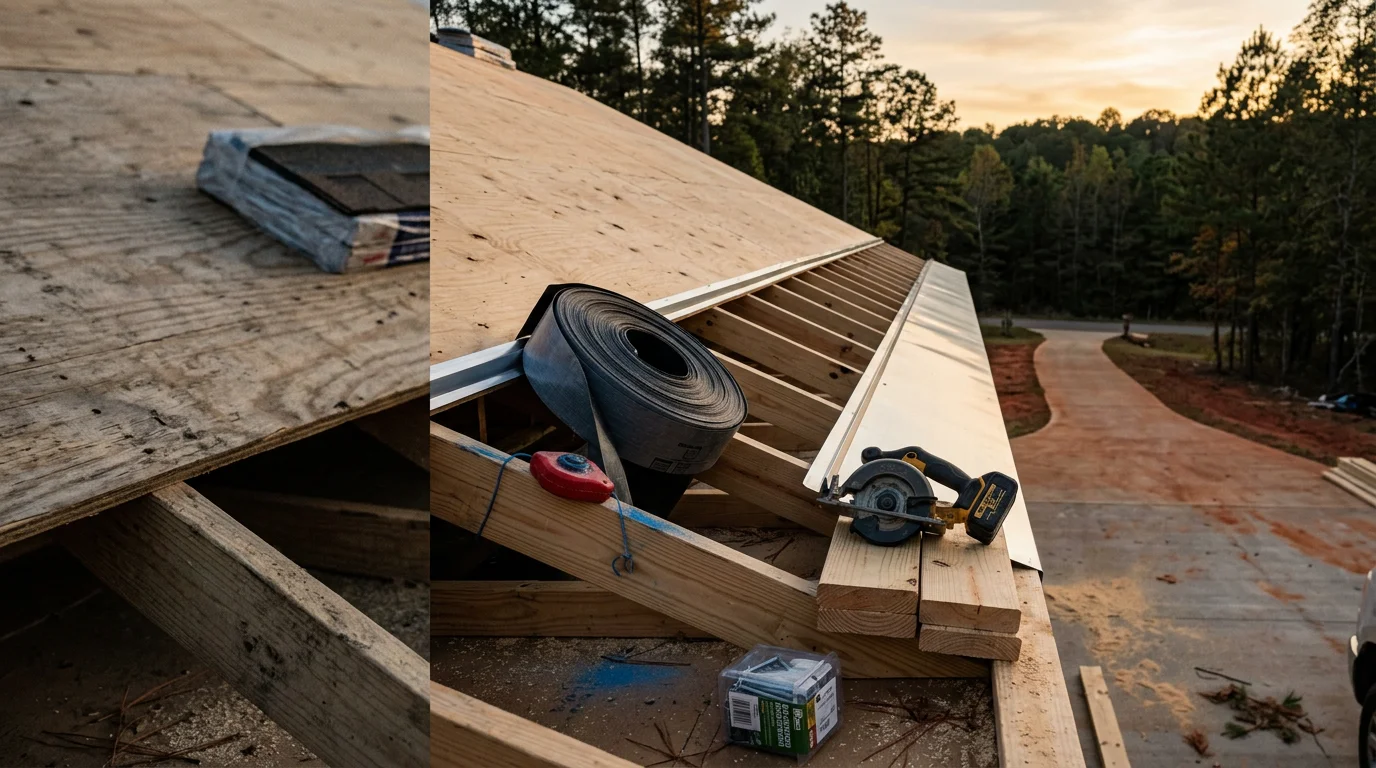 A newly built residential roof on a home in Scottsboro, Alabama, showing clean ridge lines, full decking coverage, and finished flashing details against a clear North Alabama sky.