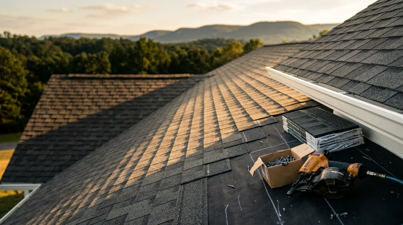 A newly installed roof on a residential home in Scottsboro, Alabama, showing clean roofing lines, finished ridge, and properly set flashing along the edges. The surrounding landscape reflects the tree-covered terrain typical of Jackson County in North Alabama.