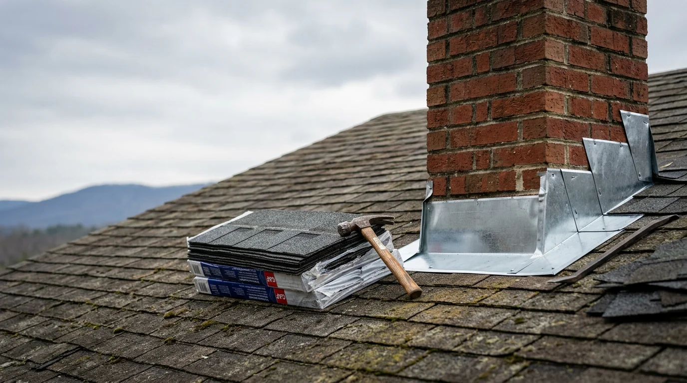 A roofing contractor repairing wind-damaged shingles and flashing on a residential roof in Scottsboro, Alabama. Close-up view of repaired ridge cap and resealed chimney flashing on a steep-slope roof with tree cover visible in the background.