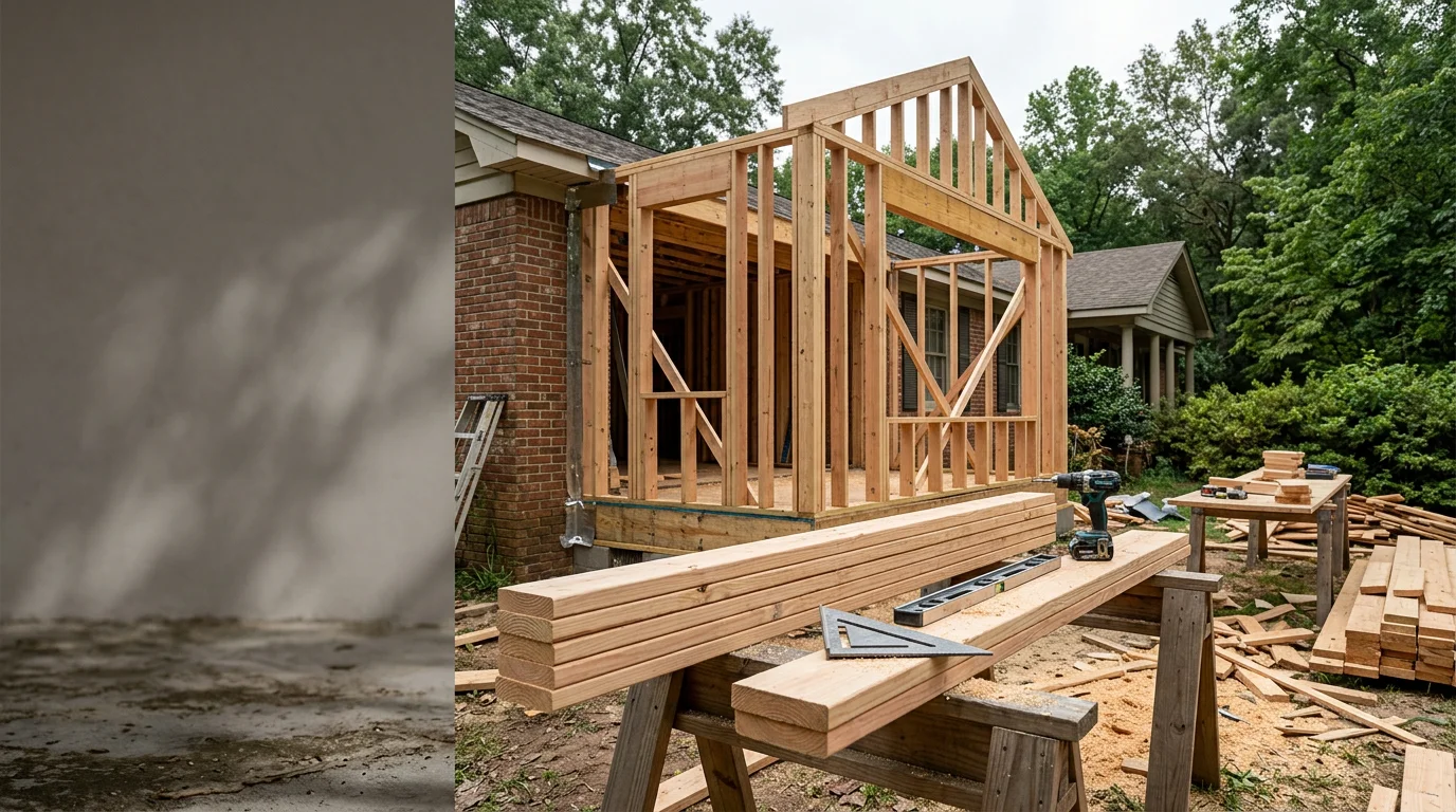 A newly completed room addition on a single-family home in Scottsboro, Alabama, showing a framed and finished exterior that matches the existing roofline and siding. The addition extends the rear of the home and includes a window installation consistent with the original structure.
