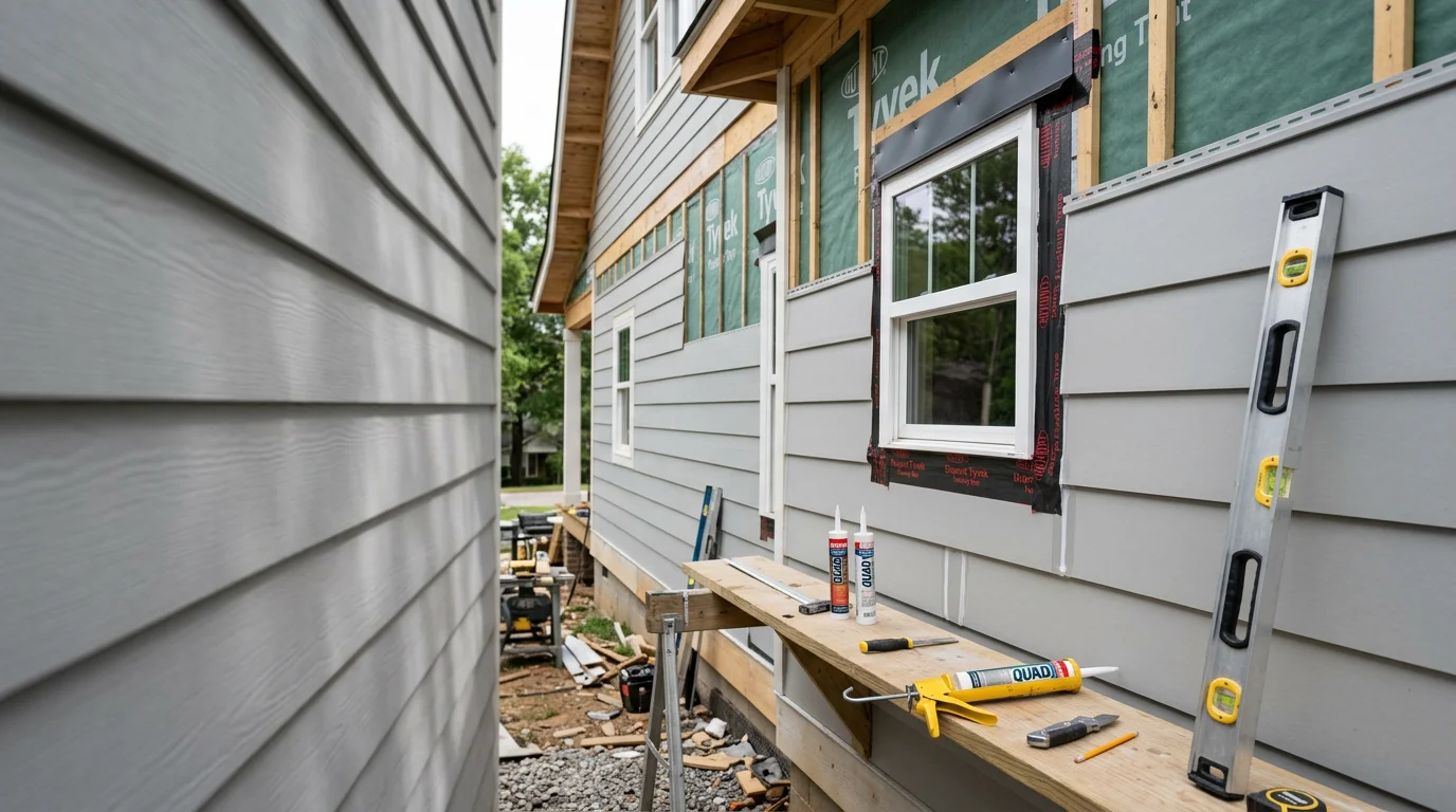 Freshly installed siding on a single-family home in Scottsboro, Alabama, showing clean panel lines and sealed trim around windows. The completed exterior reflects a full siding installation on a residential property in North Alabama.