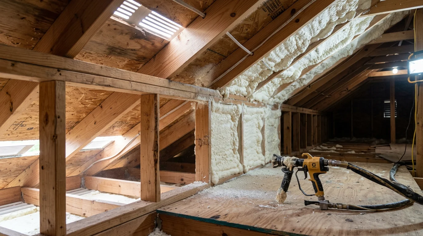Spray foam insulation being applied to the crawl space and rim joists of a residential home in Scottsboro, Alabama. The expanding foam fills gaps along the foundation walls to create an airtight moisture barrier.