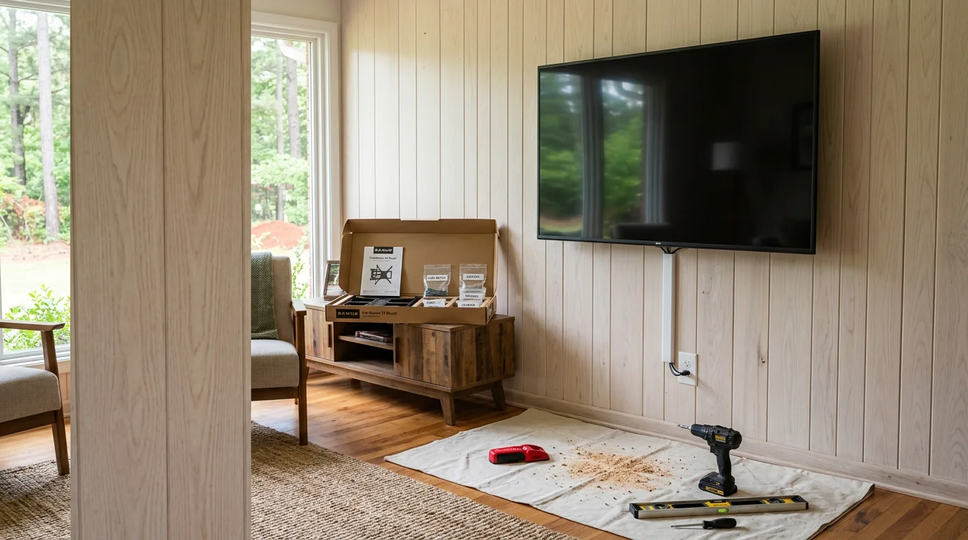 A flat-screen TV mounted flush on a drywall wall inside a single-family home in Scottsboro, Alabama, with cords routed cleanly and no visible cables hanging below the screen. The mount is level and centered above a living room seating area.